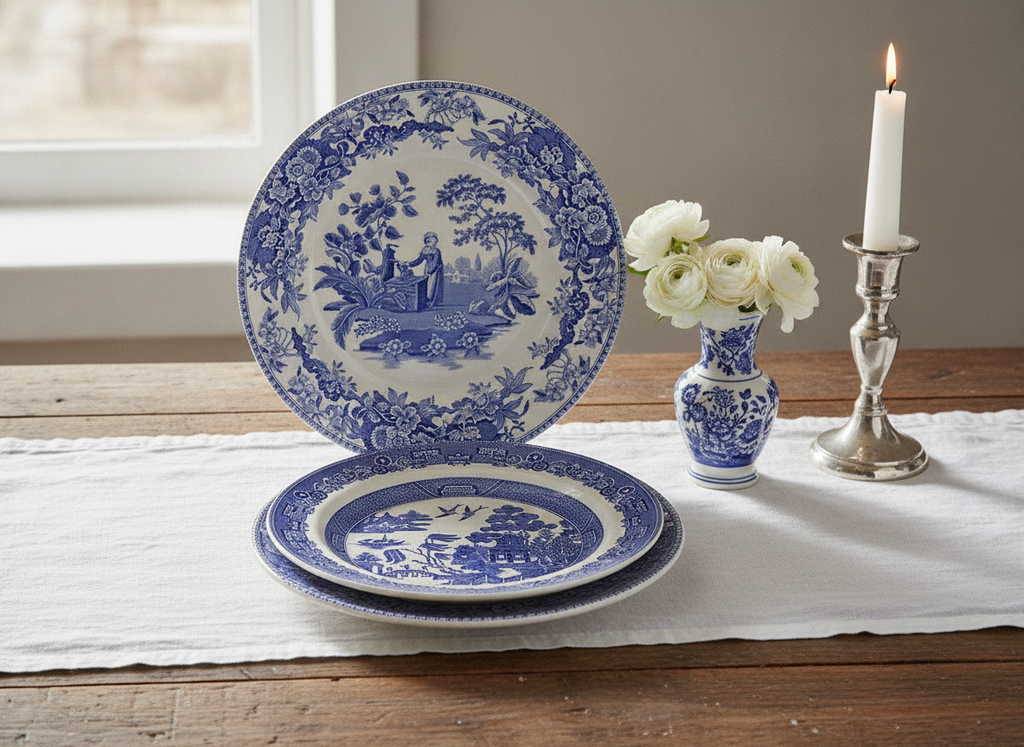 Heritage table styling with stacked blue and white transferware plates