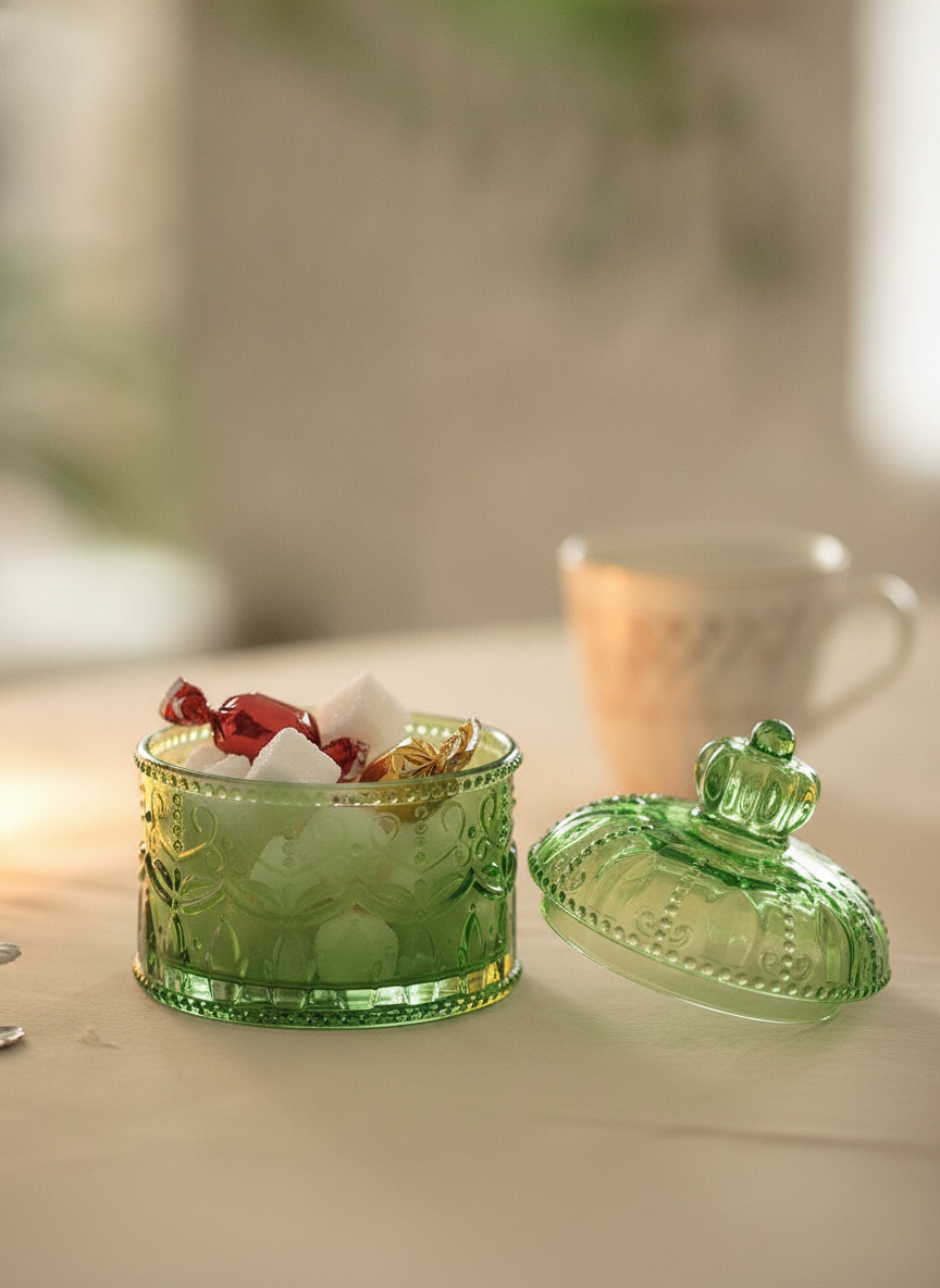 Open green glass jar on a kitchen counter holding sugar cubes beside a coffee cup