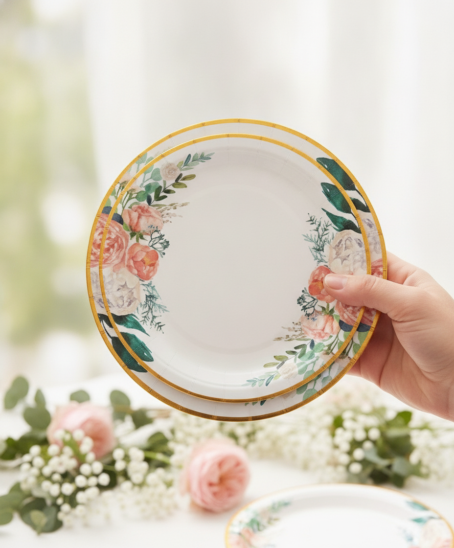 Two-size stack of peach floral disposable paper party plates held in hand at a garden party