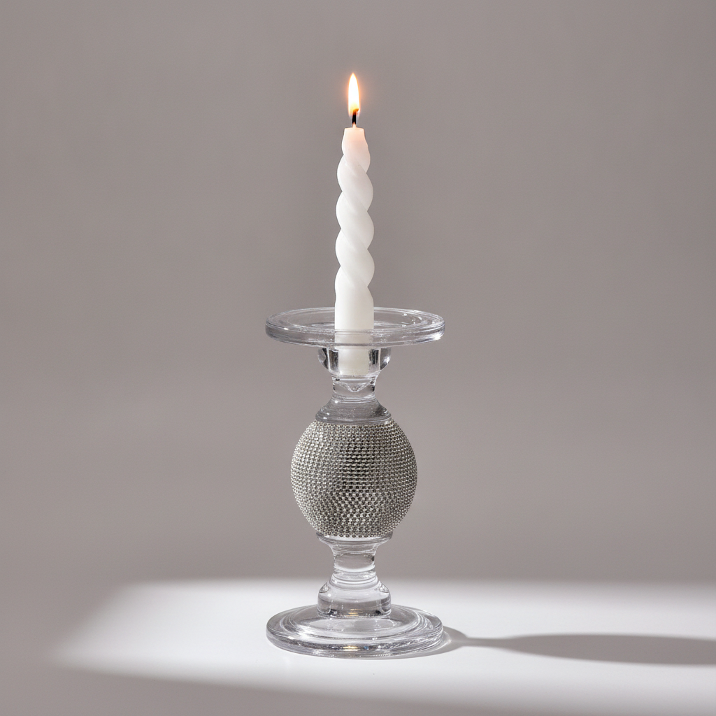 Single tall Brillante glass candle holder with a lit candle, dramatic lighting on a neutral backdrop