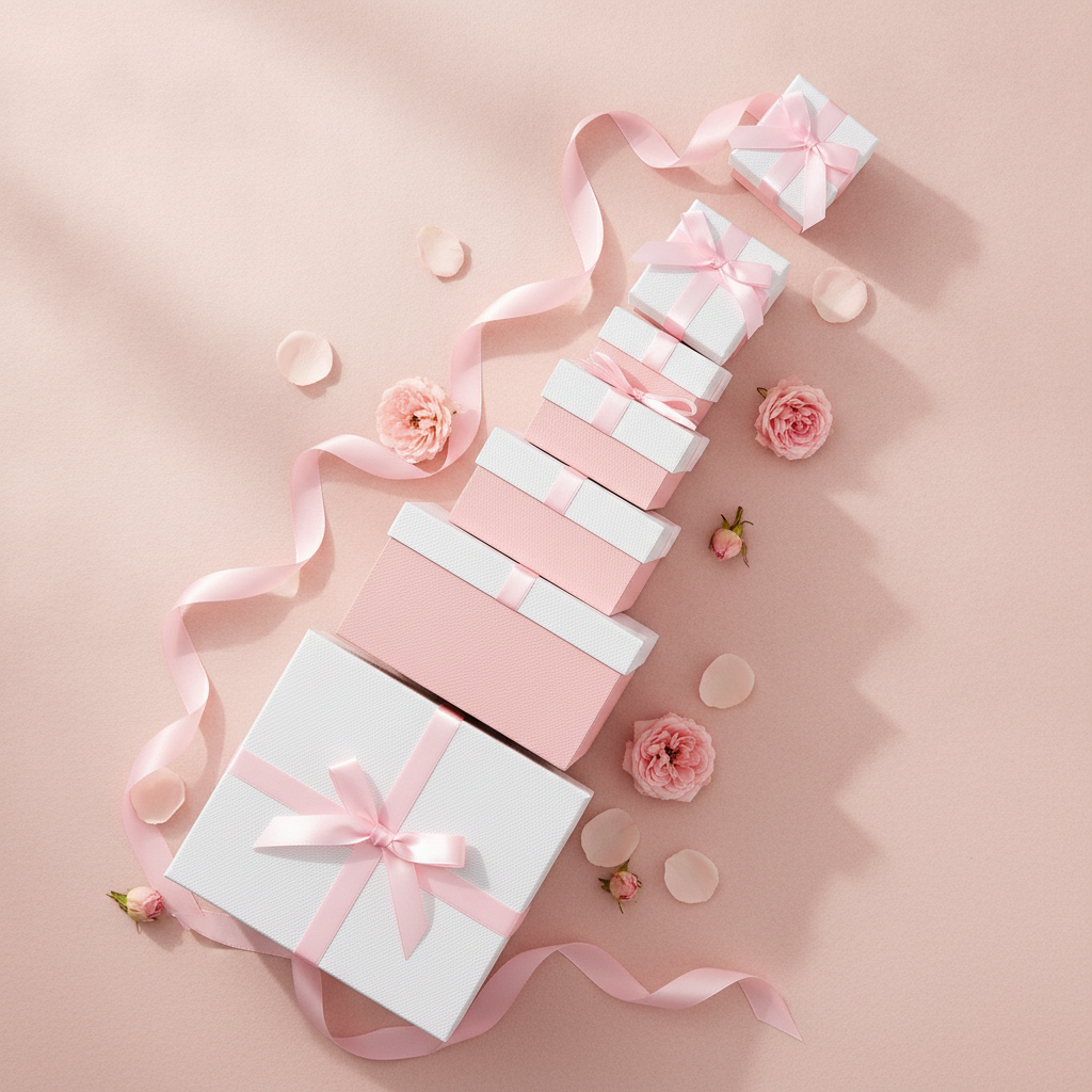Six pink-and-white square gift boxes with pink ribbon bows in a cascade flat-lay with rose petals