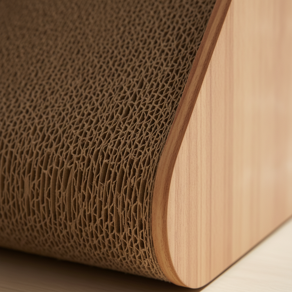Macro close-up of corrugated cardboard ramp and wood-grain side of cat scratcher