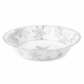Close-up of the printed metallic silver snowflake design on a paper party bowl