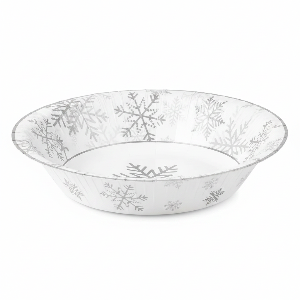 Close-up of the printed metallic silver snowflake design on a paper party bowl