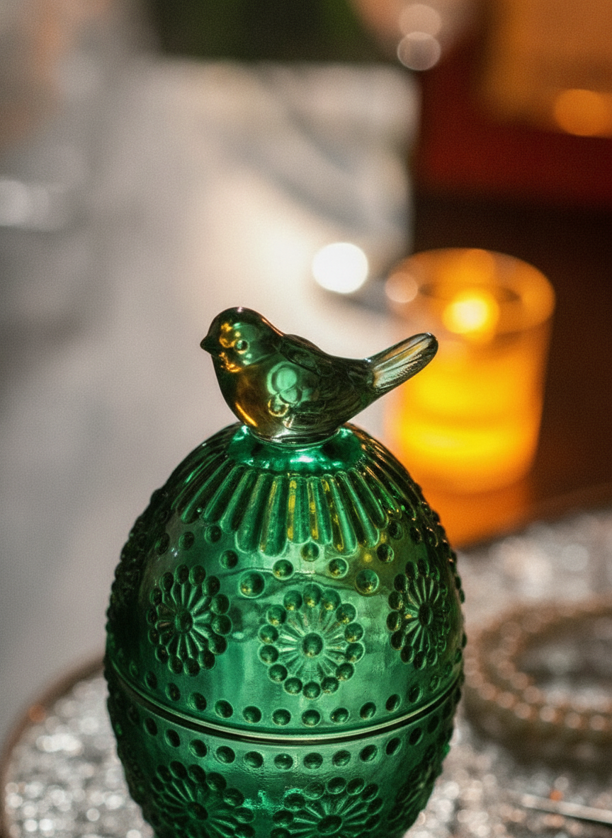 Close-up of the sculpted glass bird finial and daisy-medallion embossing