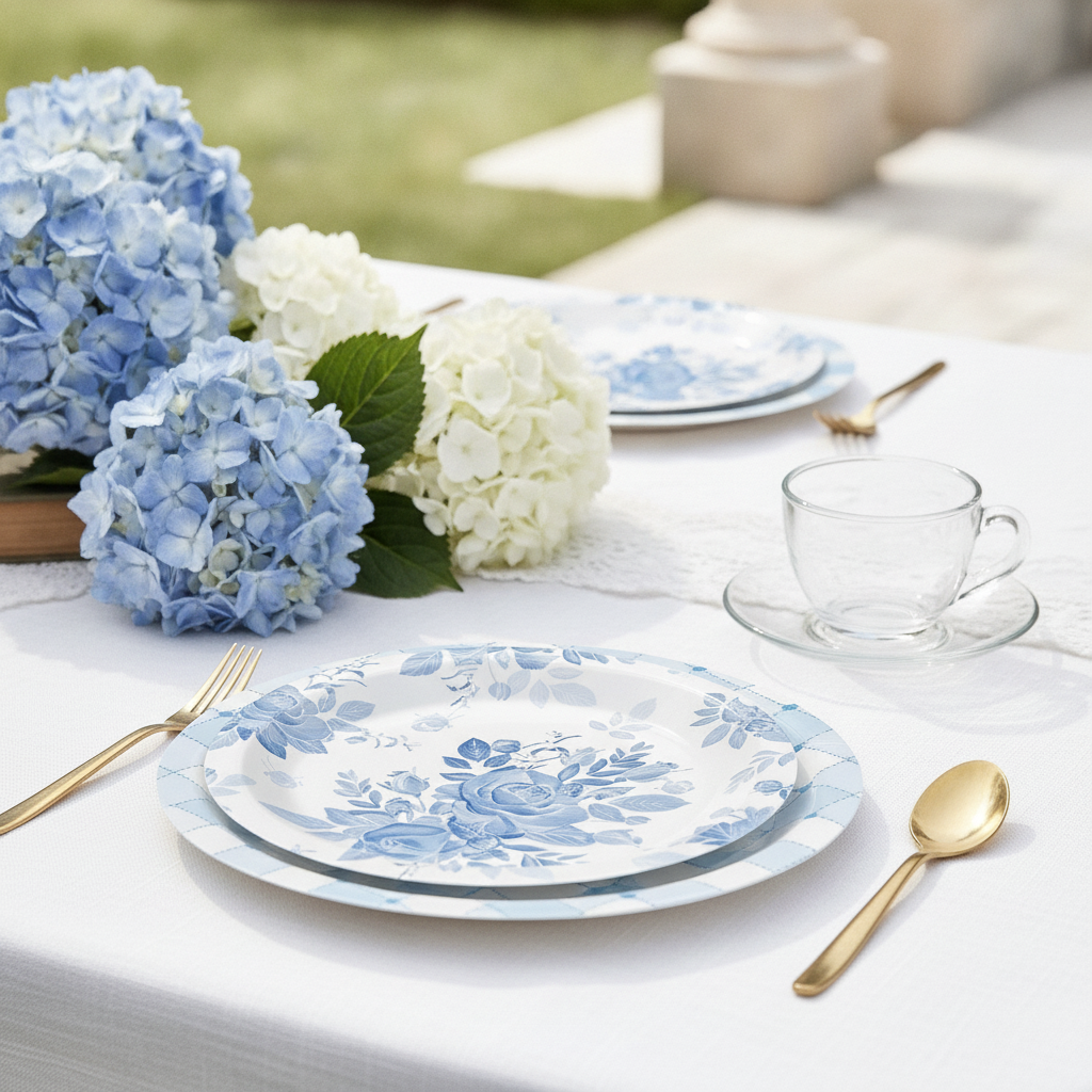 Blue and white floral paper plate tea-party place setting with teacup and gold spoon