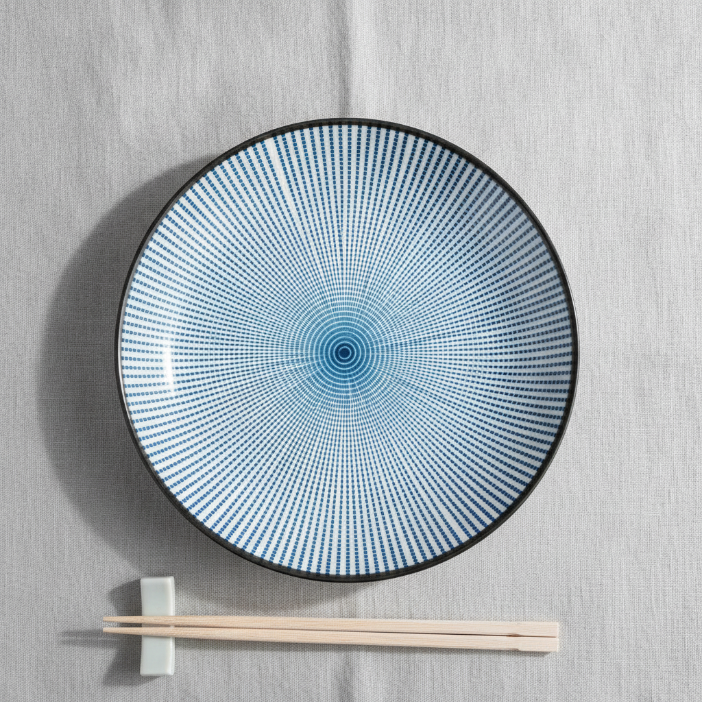 Centripetal pattern Japanese porcelain plate, blue sunburst rays radiating from center
