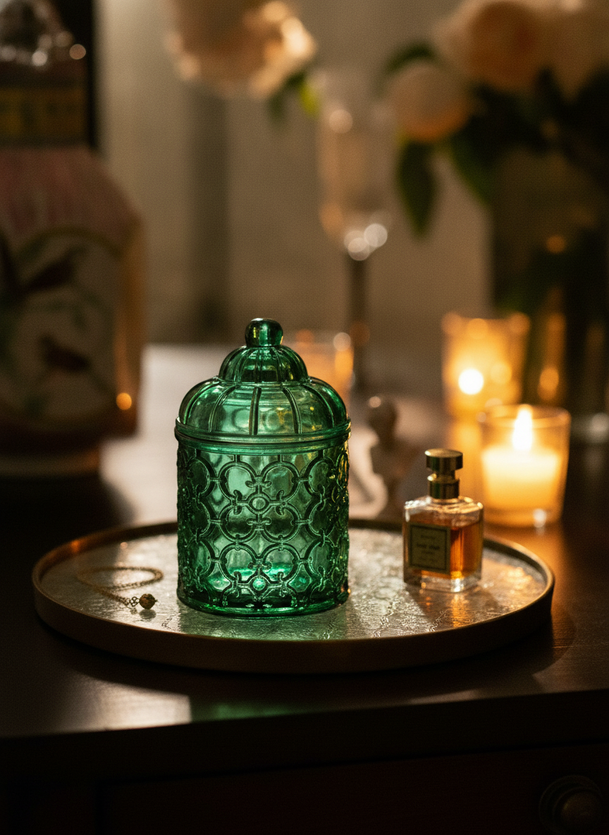 Emerald glass canister styled on a brass tray with perfume and a candle