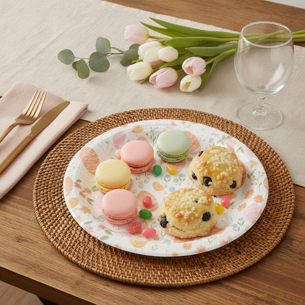 Easter egg and floral disposable paper plate with spring dessert treats