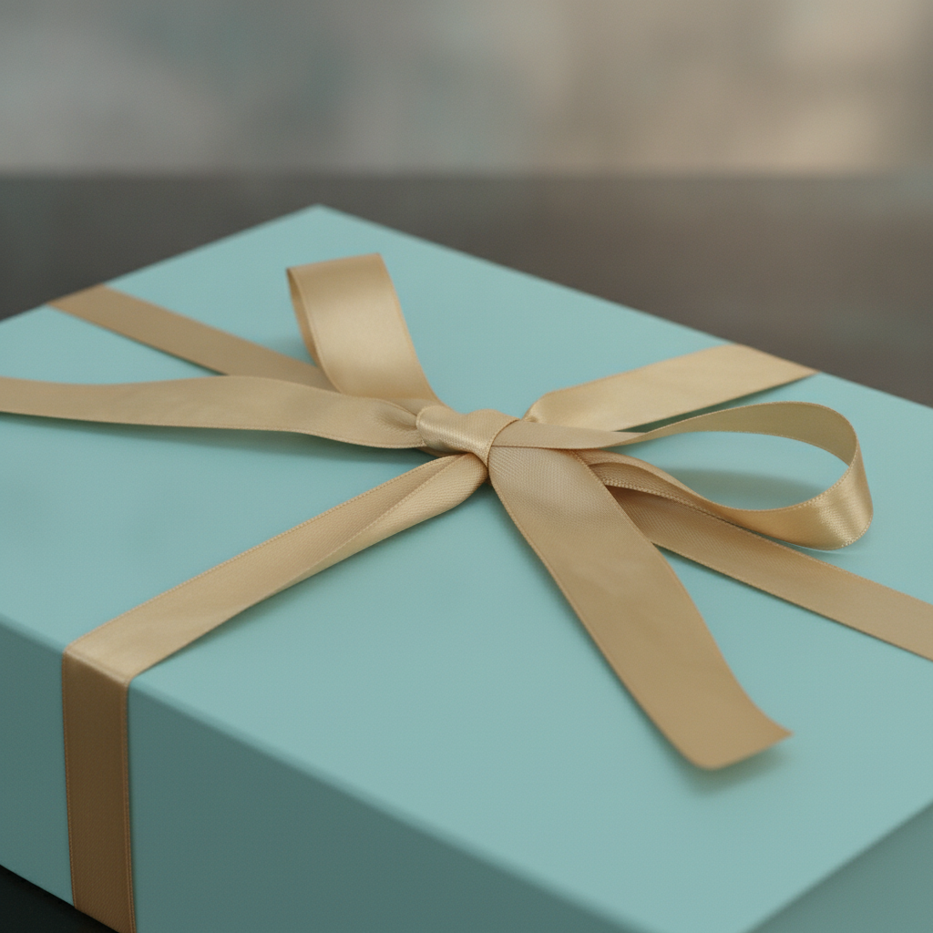 Close-up of gold satin ribbon bow and magnetic lid seam on teal gift box
