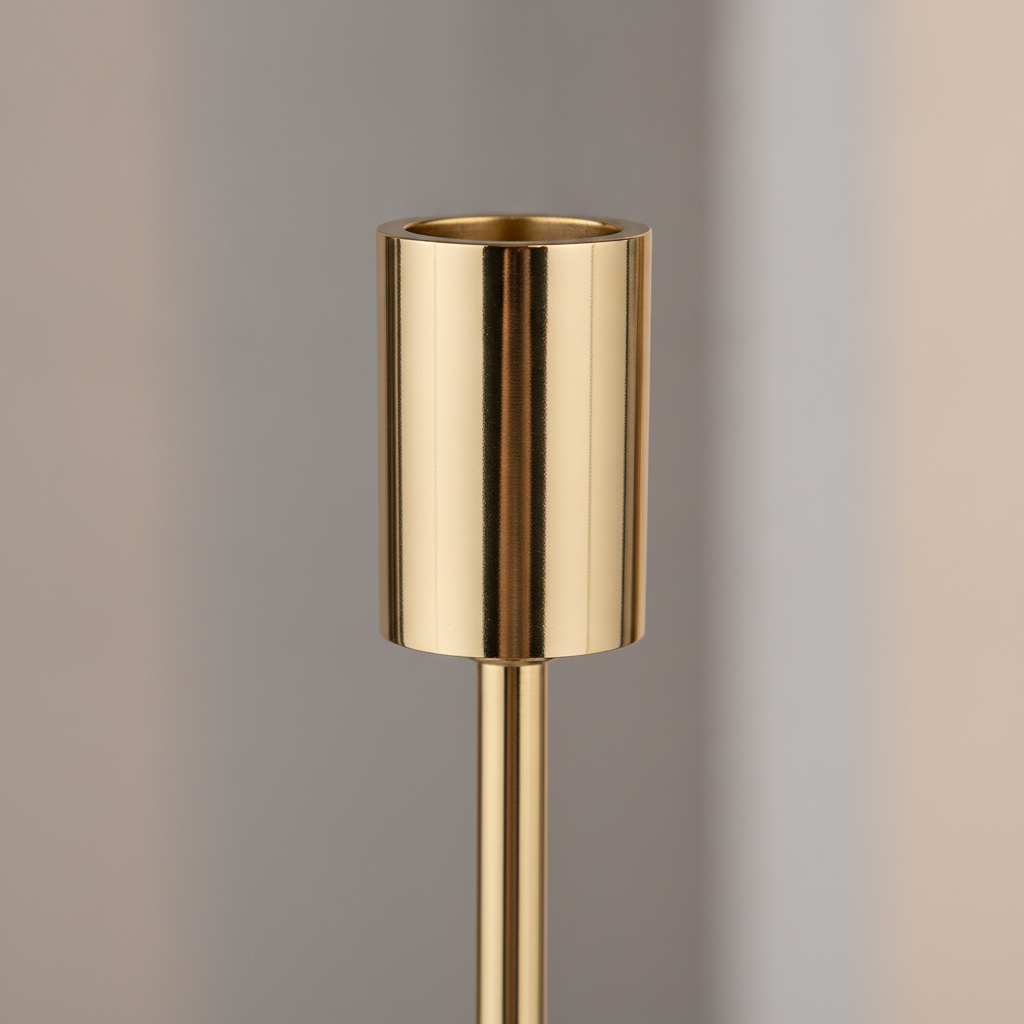 Macro close-up of the hand-polished mirror-gold candle socket and slim stem