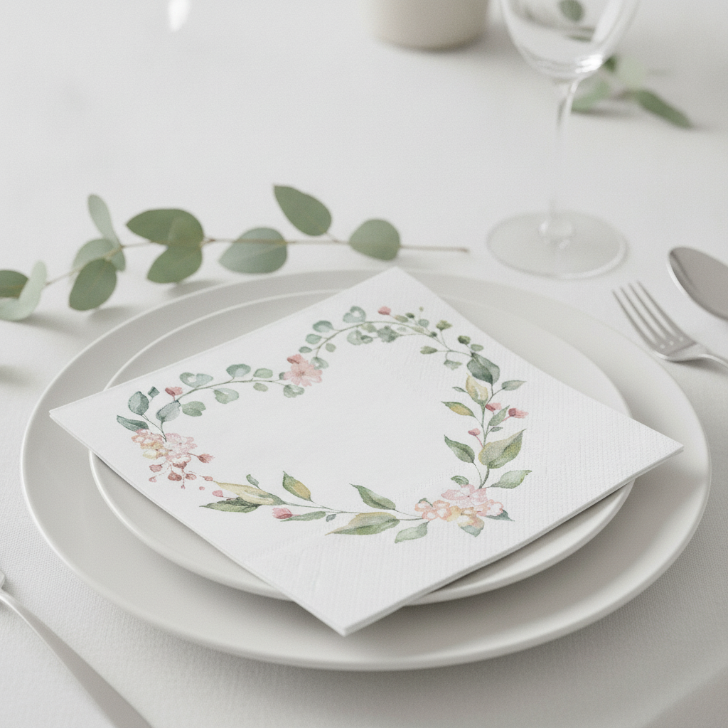 Floral botanical wedding paper napkin folded on a plate at an elegant place setting