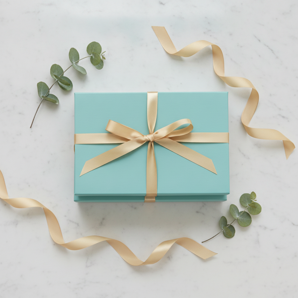Overhead flat-lay of two teal gift boxes with gold ribbons on marble with eucalyptus