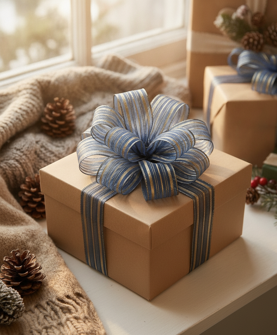 Kraft gift box topped with a blue and gold organza pull bow on a knit blanket