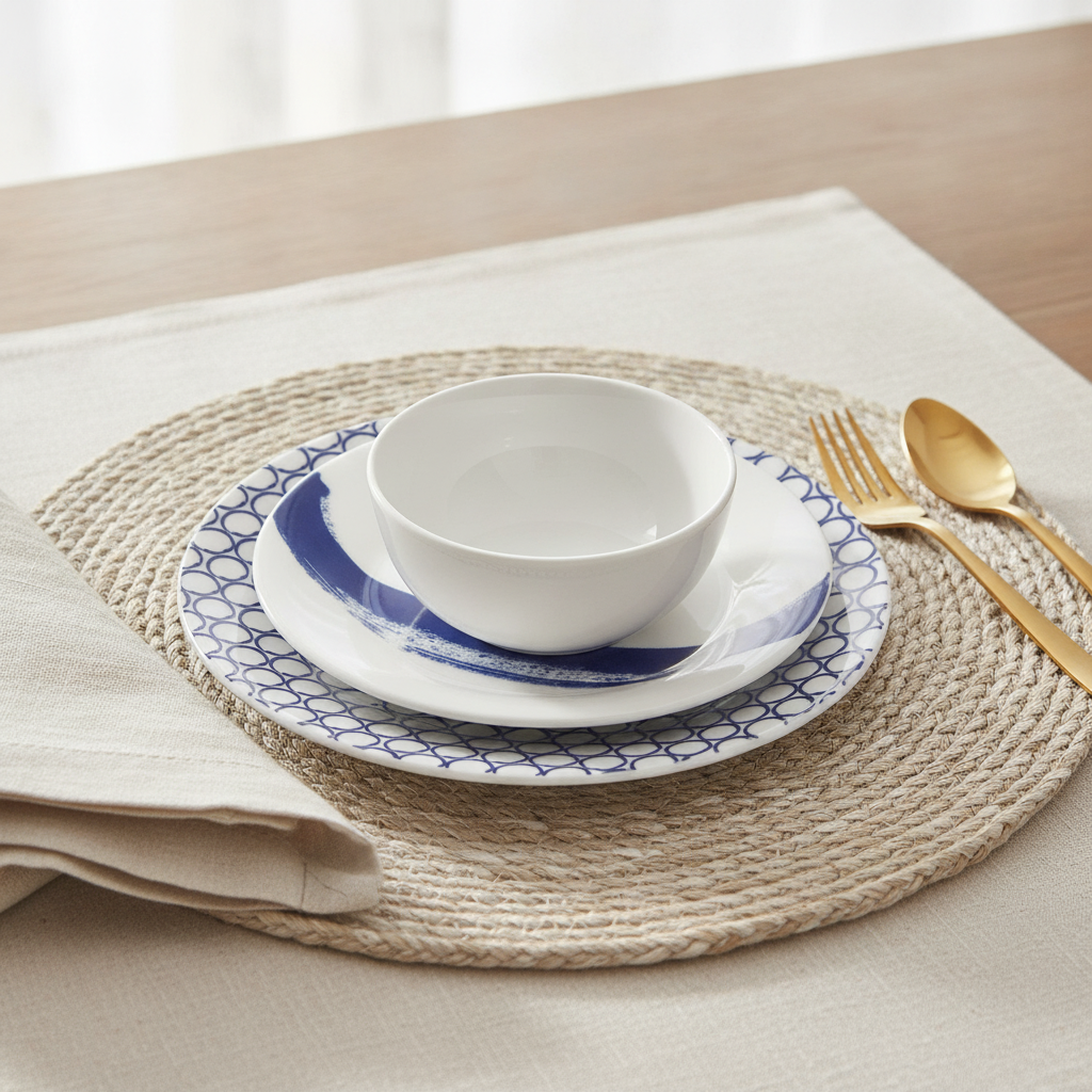 Place setting with stacked blue-and-white abstract ceramic accent plates, white bowl and gold cutlery