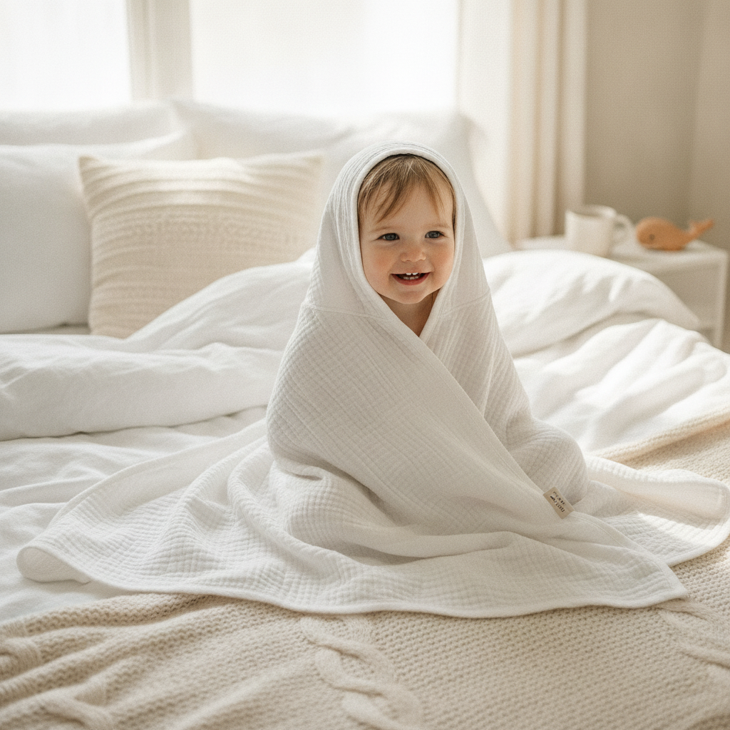 Toddler wrapped in white muslin hooded bath poncho with hood up on a bed