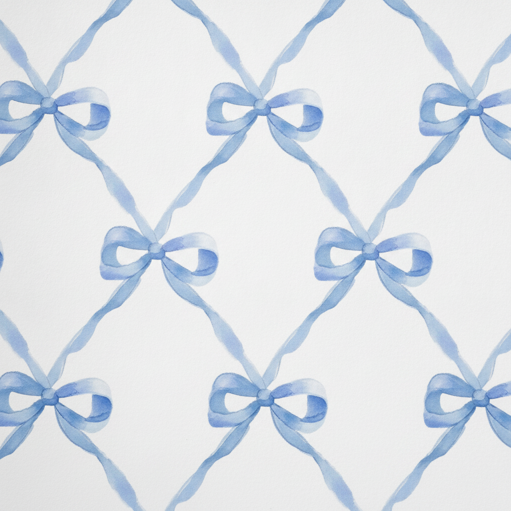 Close-up of watercolor blue ribbon bow lattice print on wrapping paper