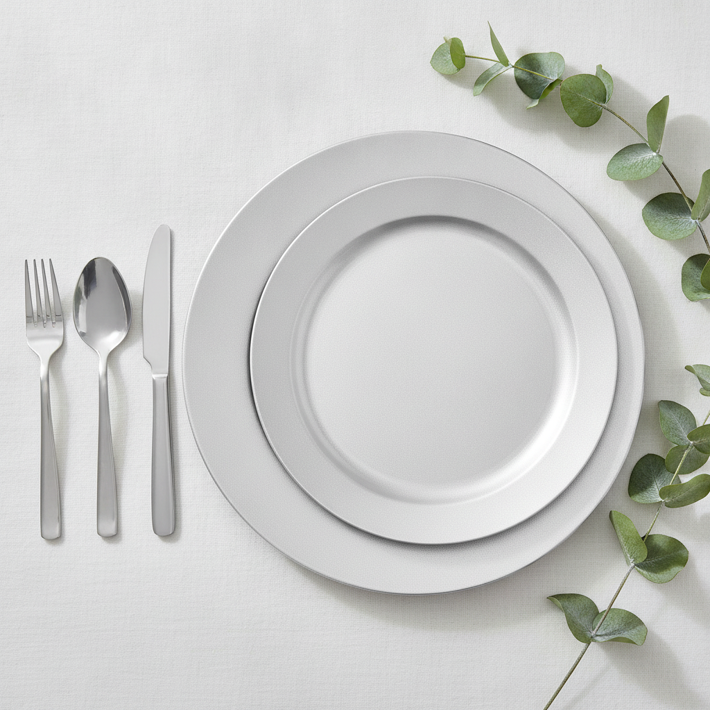 Overhead flat-lay of silver-white charger plates with silver cutlery and eucalyptus
