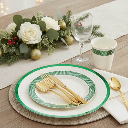 Ivory and green trim disposable plate place setting with gold flatware and greenery