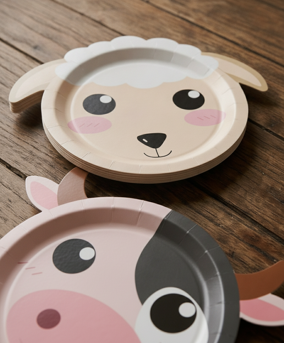 Macro close-up of sheep and cow shaped matte paper party plates showing die-cut edge
