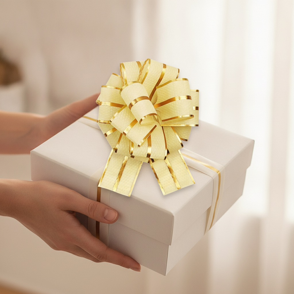 Cream and gold pull bow on a white wrapped gift box held in two hands