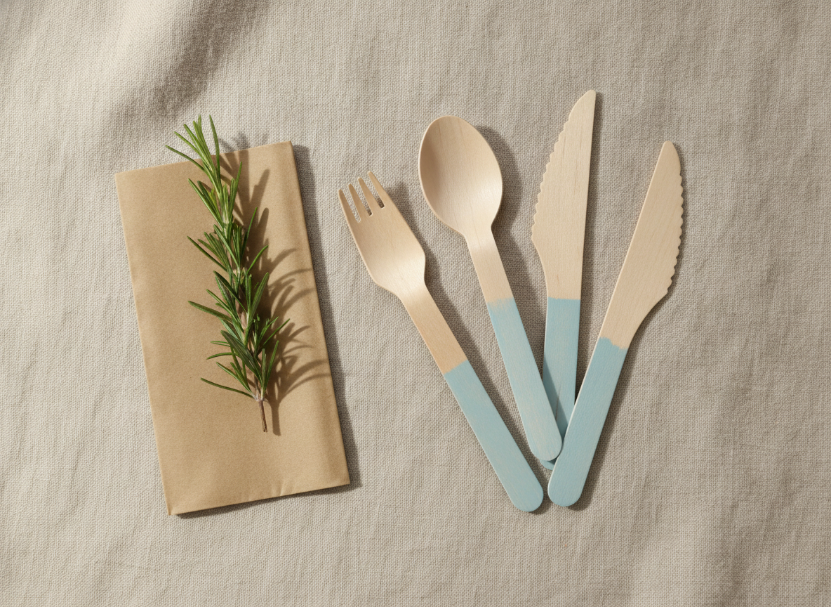 Flat-lay of GreenWood wooden cutlery on natural linen with greenery