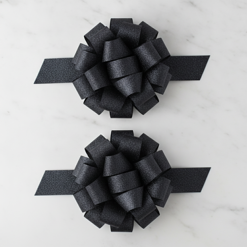 Black glitter giant pull bows flat-lay on white marble
