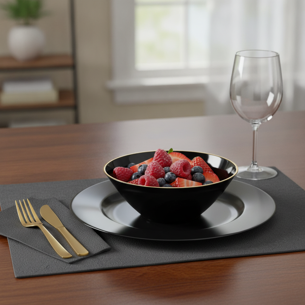 Black gold-rim plastic bowl filled with berries at an elegant party place setting