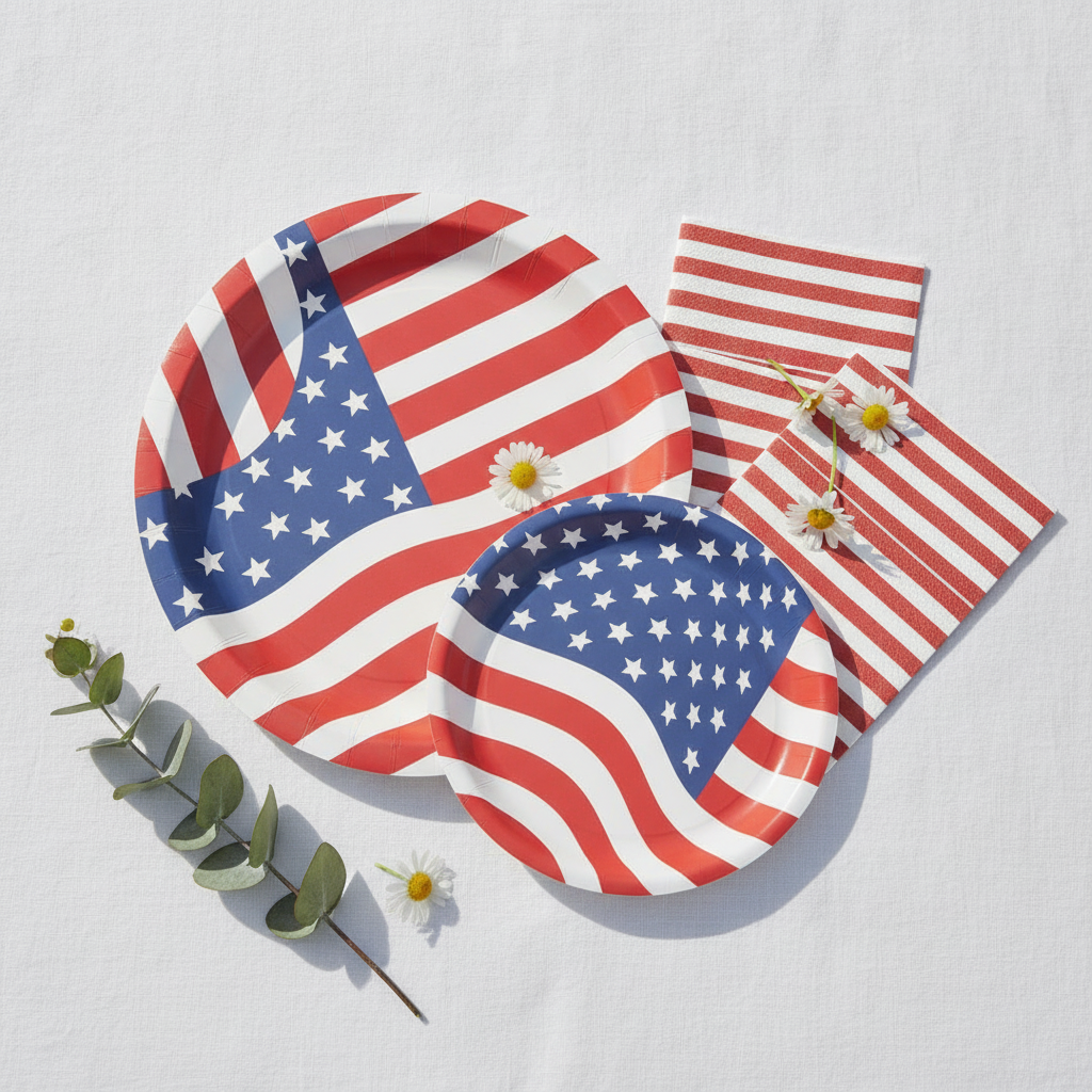 Overhead flat-lay of American flag stars-and-stripes disposable paper party plates and matching napkins on white linen