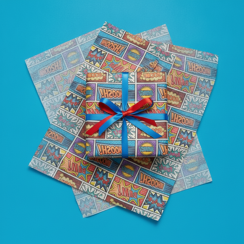Present nested in crumpled superhero comic tissue paper with fanned sheets on blue