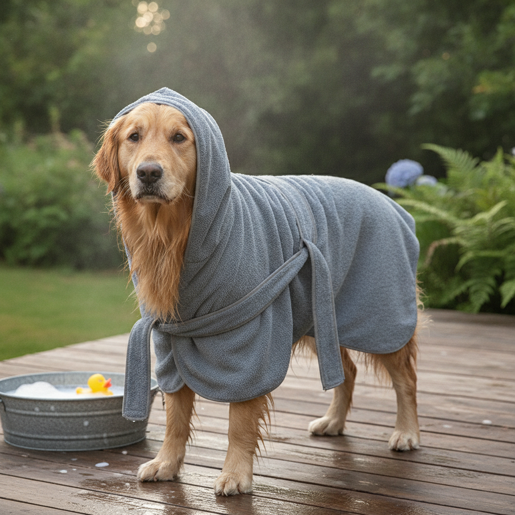Grey hooded pet drying robe laid flat on marble with a rolled towel