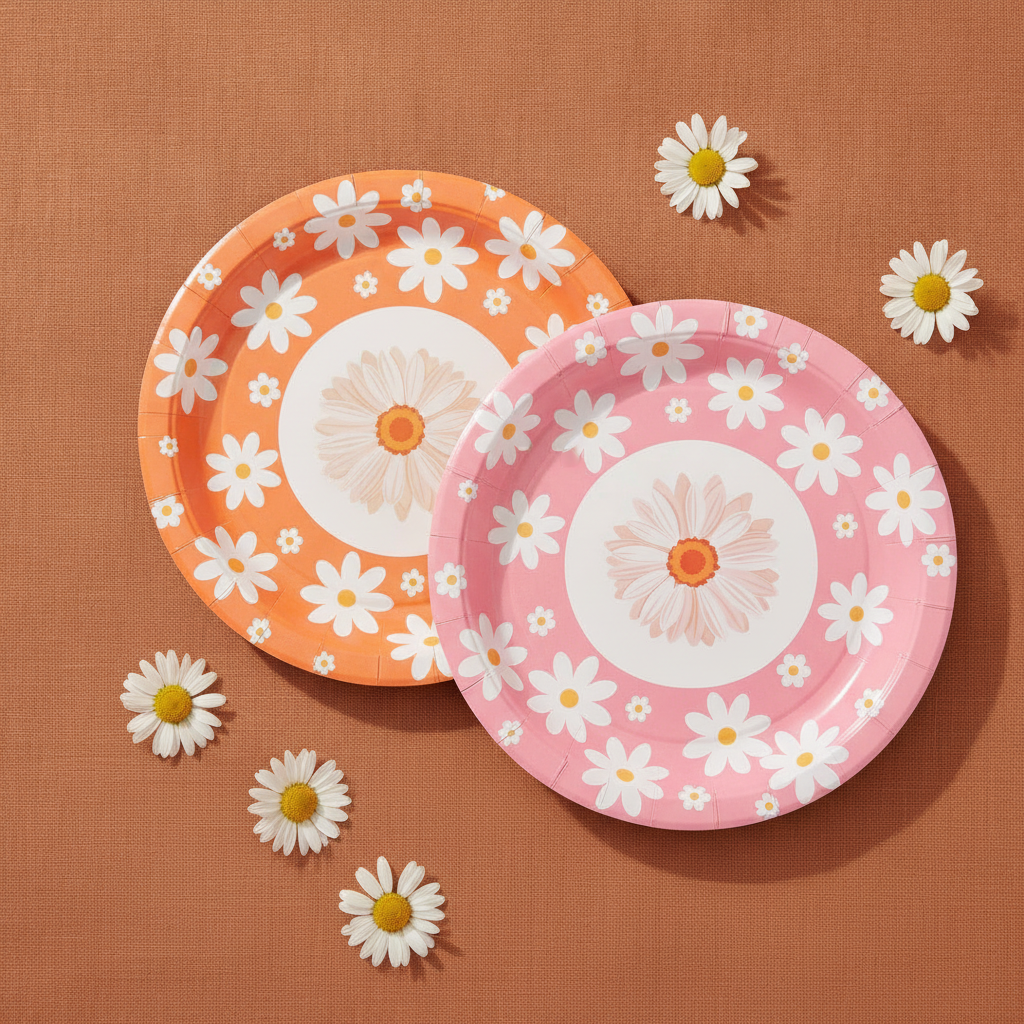 Overhead flat-lay of pink and orange groovy daisy paper plates with daisies