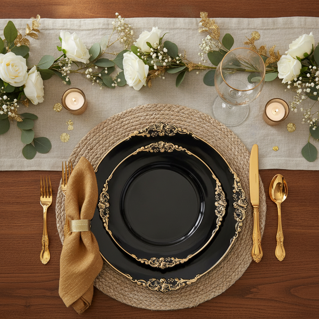 Antique gold embossed charger plate under a dark plate in a formal wedding place setting with gold flatware, woven placemat and white roses