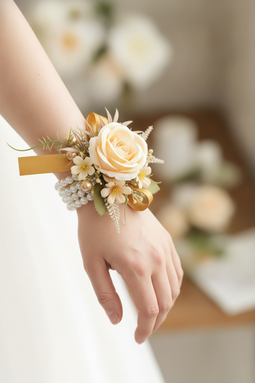 Champagne wrist corsage worn on a bride's wrist