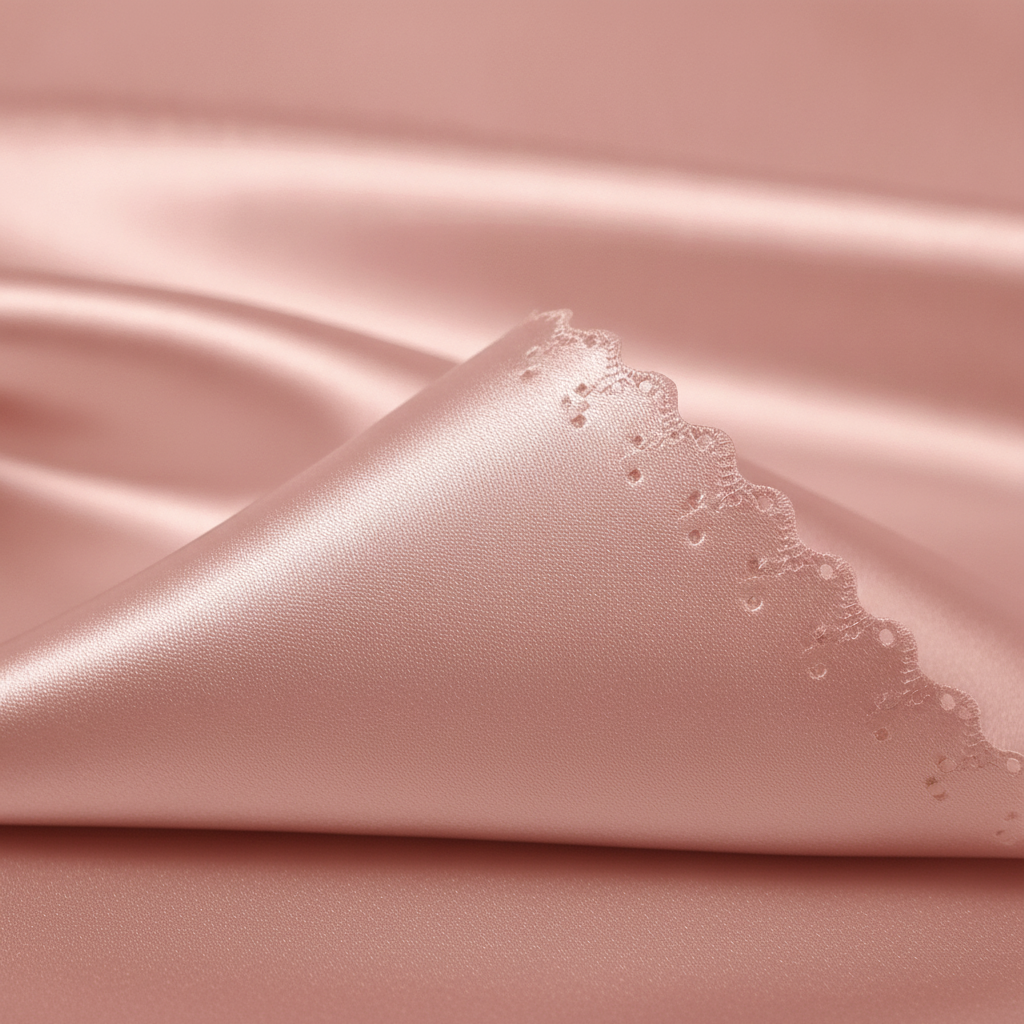 Close up of rose gold satin napkin showing scalloped edge and silky sheen