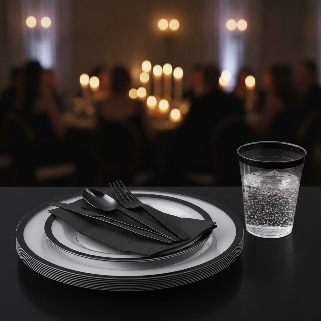 Clear black-rim plate setting with black flatware and a clear black-rim tumbler at a black-tie reception
