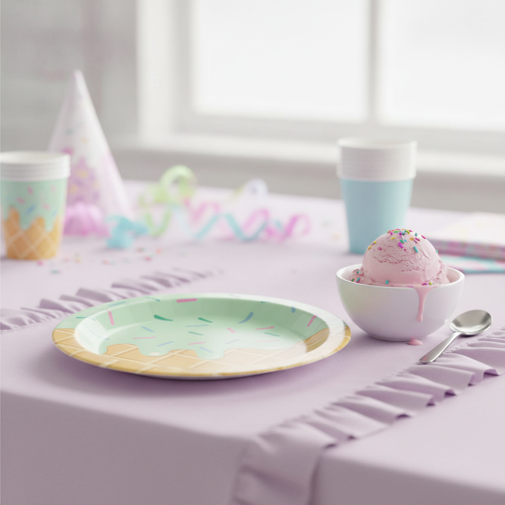 Ice-cream-cone printed paper plate at a kids party place setting