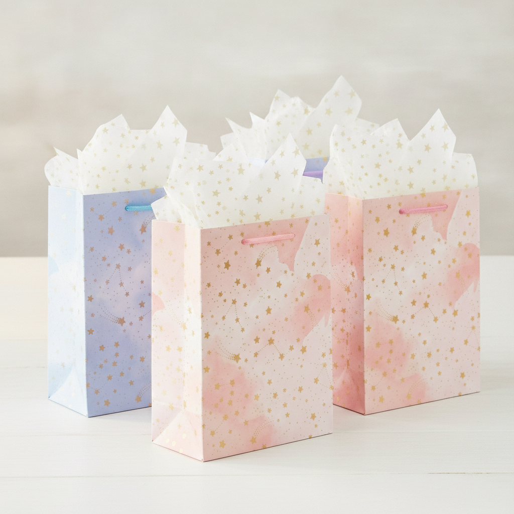 Close-up of pastel blue watercolor star gift bag with gold foil stars and ribbon handle