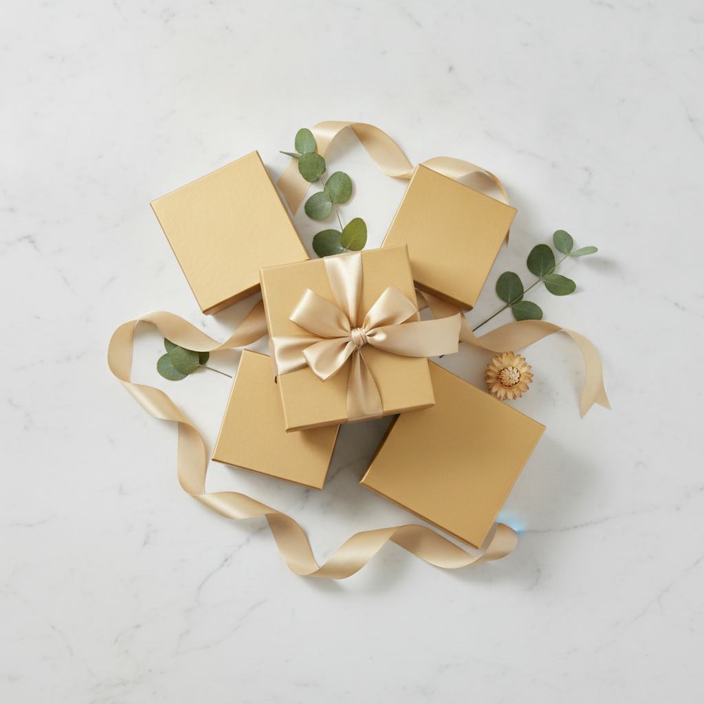 Gold square nesting gift boxes overhead flat-lay with eucalyptus and ribbon