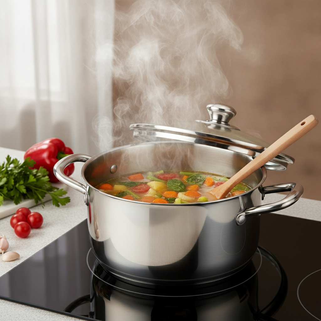 Stainless steel stockpot simmering vegetable soup on a stovetop