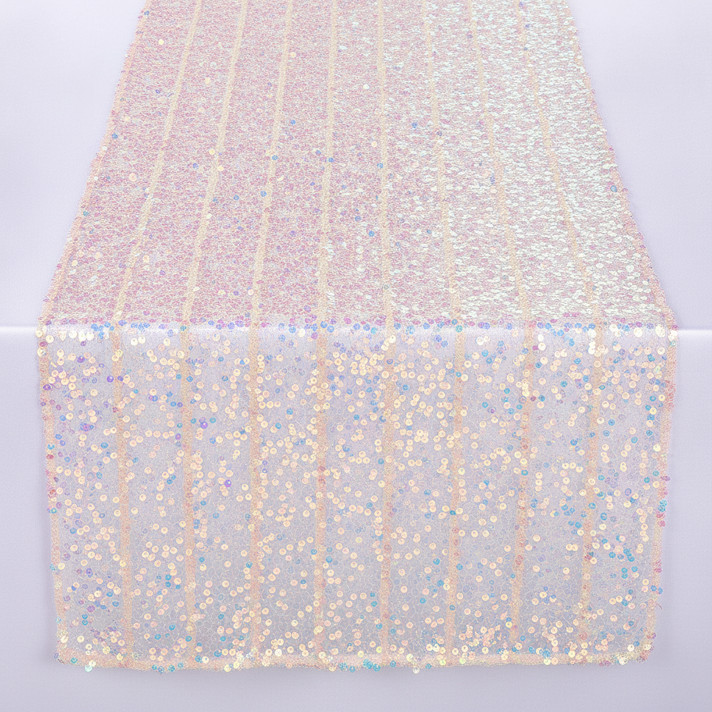 Overhead flat-lay of the iridescent sequin table runner spread on a neutral surface showing its full sparkly surface and edge