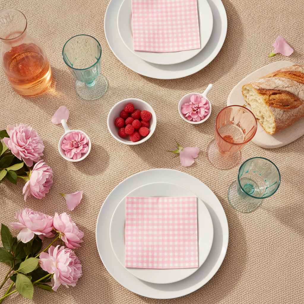 Pink and white picnic flat-lay with gingham paper napkins
