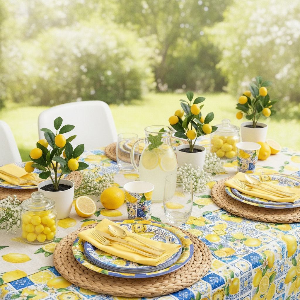 Summer outdoor table set with yellow lemon party tableware and fresh lemons