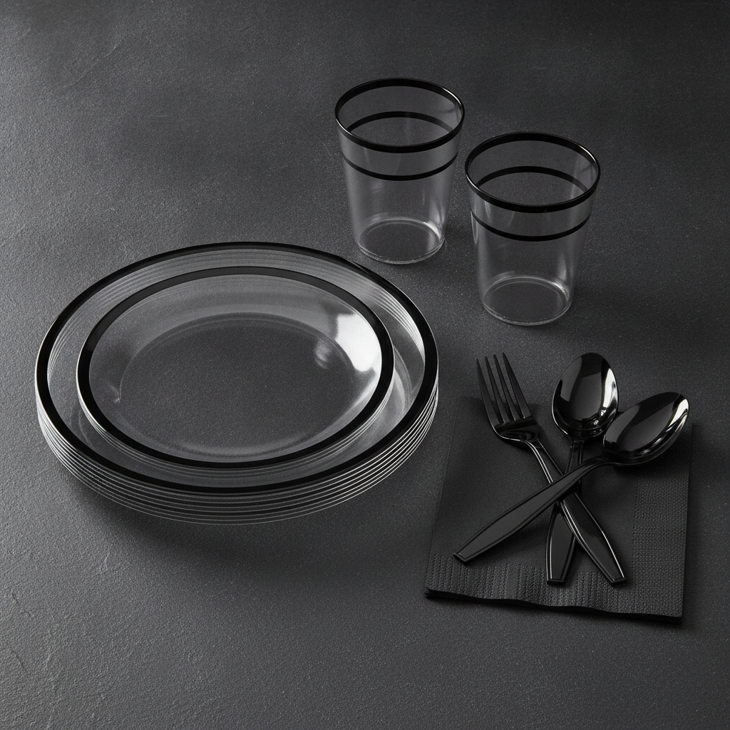 Stacked clear black-rim plates with clear black-rim tumblers and fanned black plastic cutlery on slate