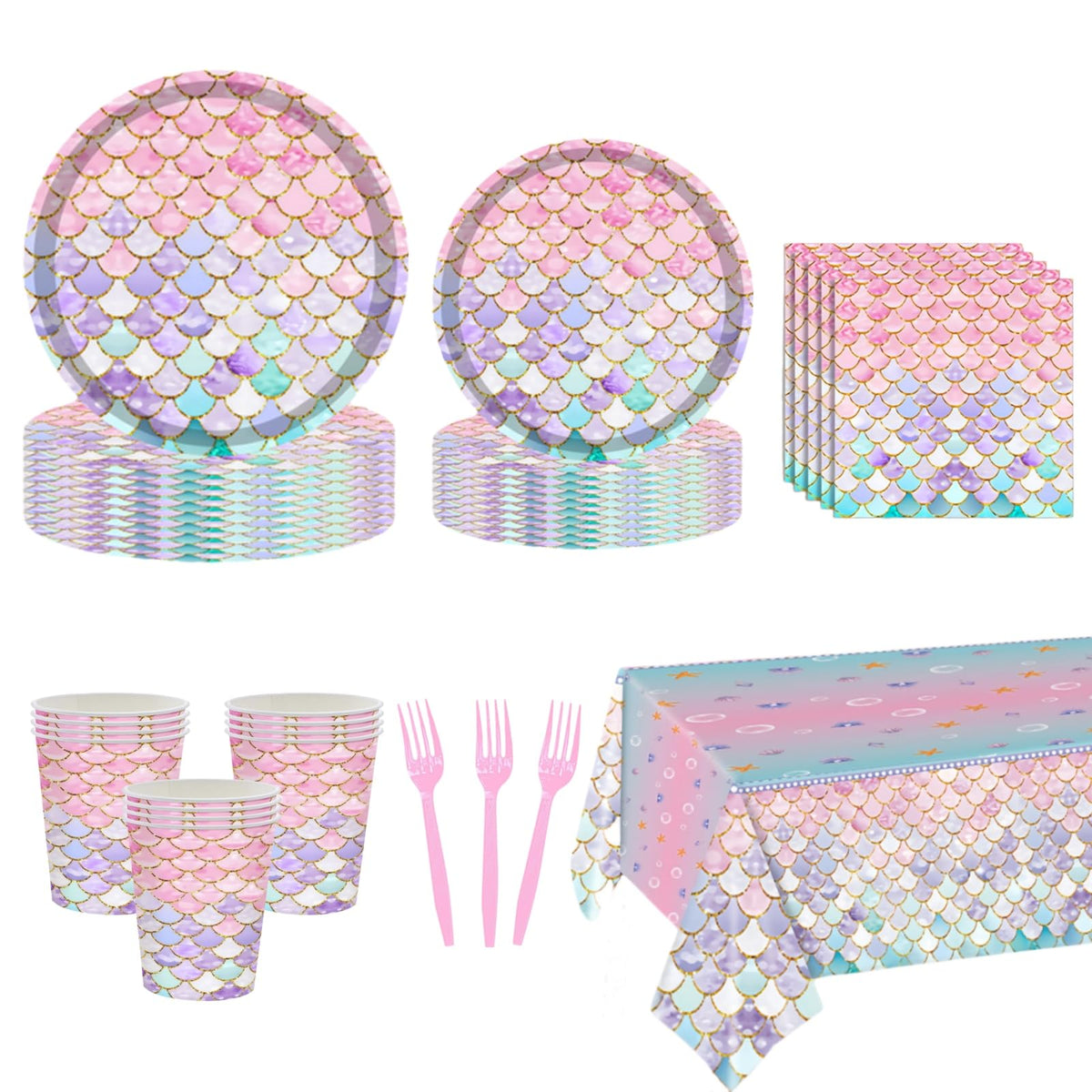 Pink Mermaid Party Tableware Set, 121 Pieces