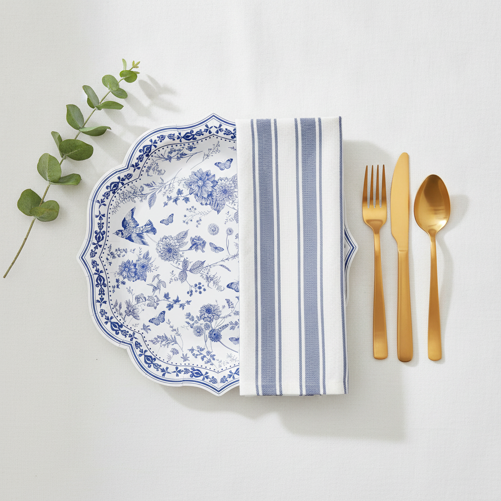 Overhead flat-lay of blue chinoiserie scalloped paper plates with napkin and gold cutlery