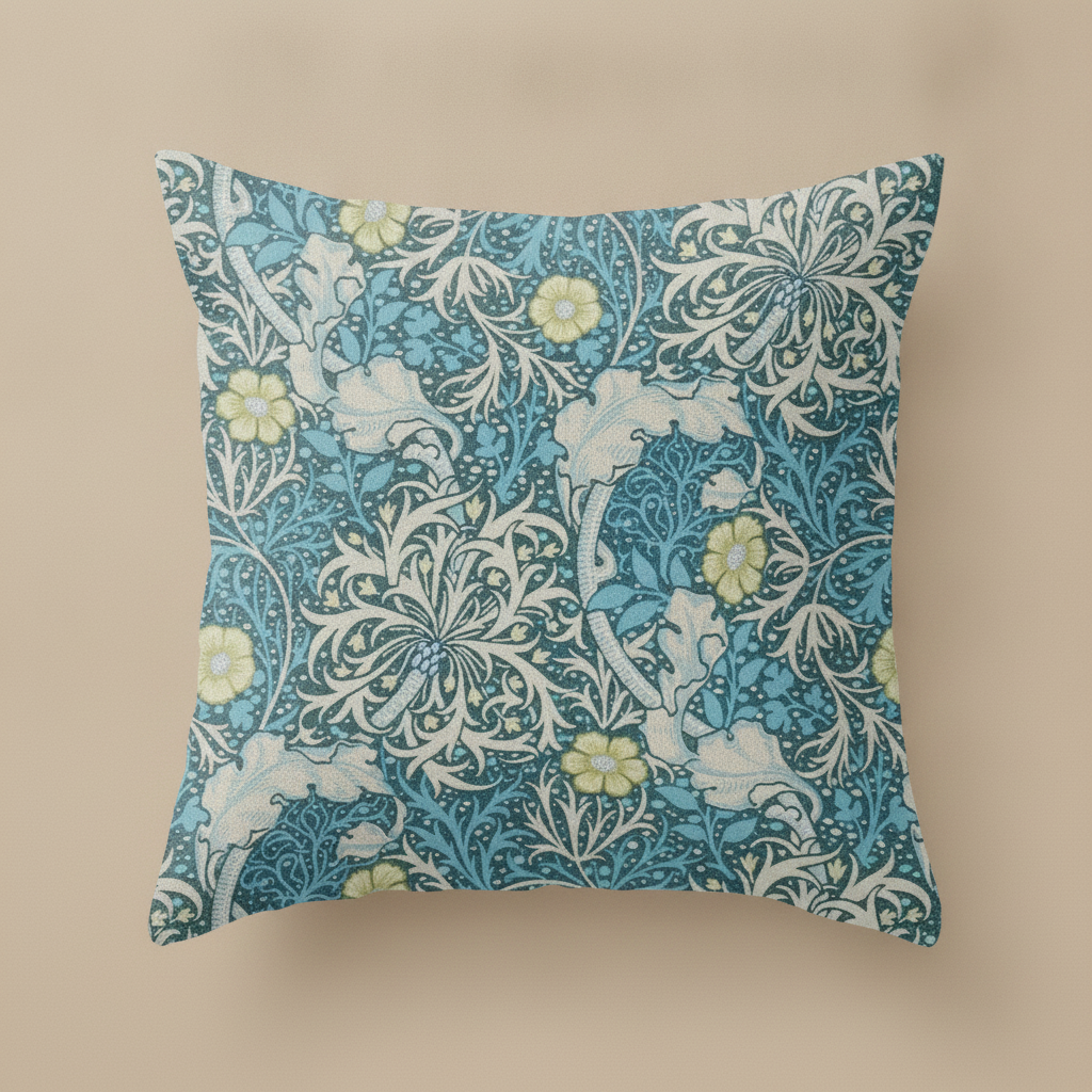 Close-up of floral cushion print and soft peach-skin fabric — Maison's Kitchen