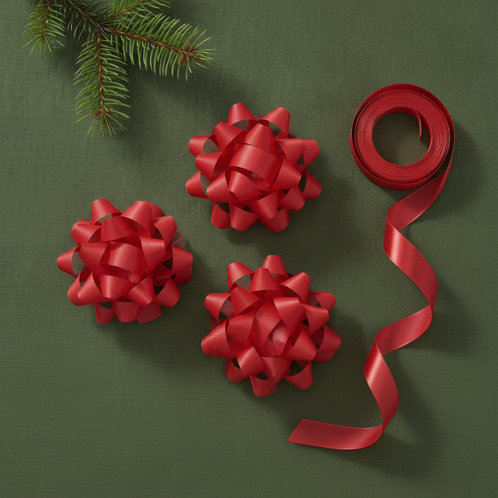 Festive flat-lay of red pull bows with ribbon and pine