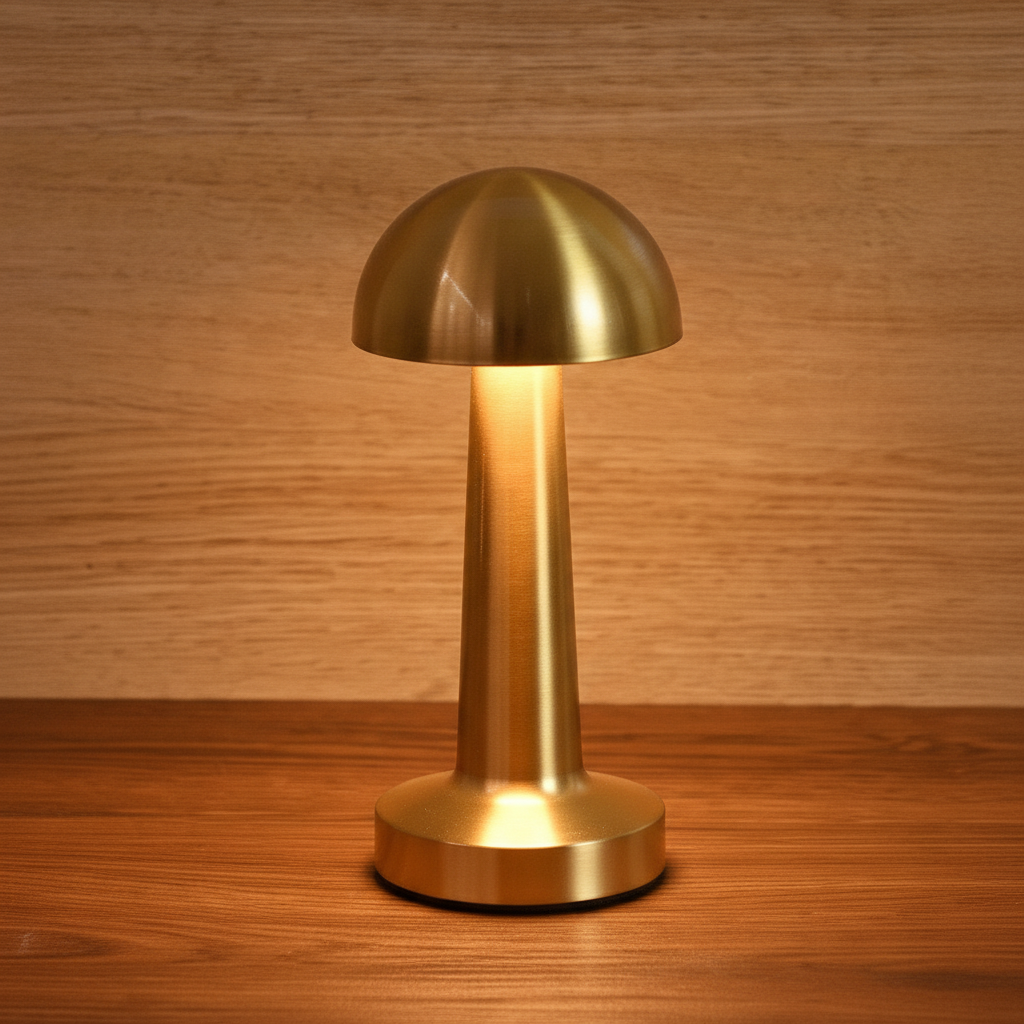 Close-up of the polished brass finish, slim stem and warm glow under the dome shade