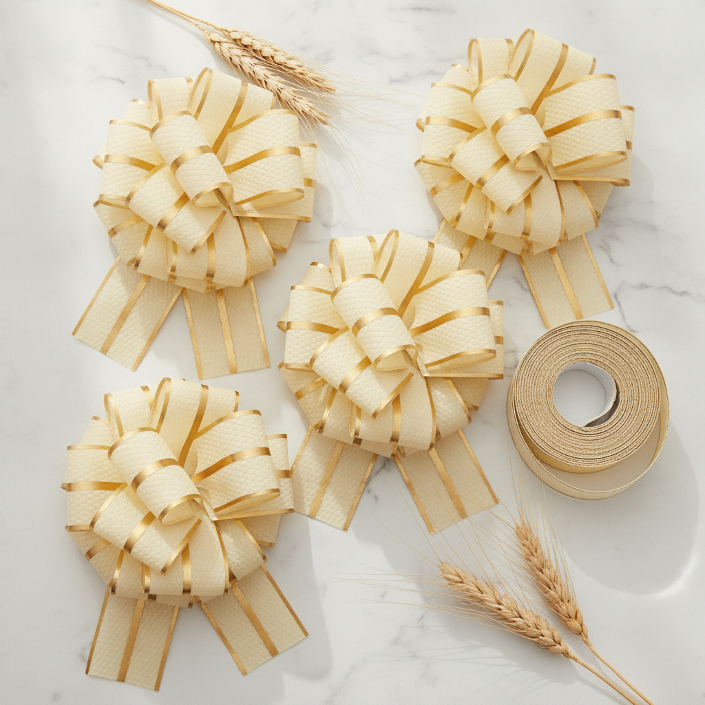 Cream and gold pull bows flat-lay with ribbon and dried wheat